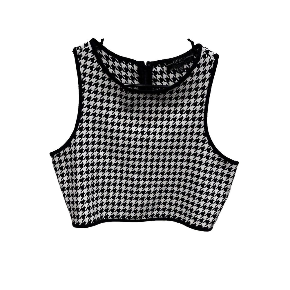 Guess Crop Top Houndstooth Racerback Sleeveless Zip Logo M Black White